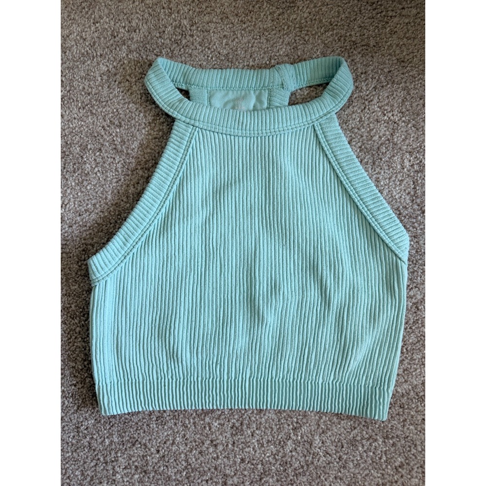 Aerie Real Good Ribbed Seamless High Neck Crop Tank Top Cool Mint Blue Small